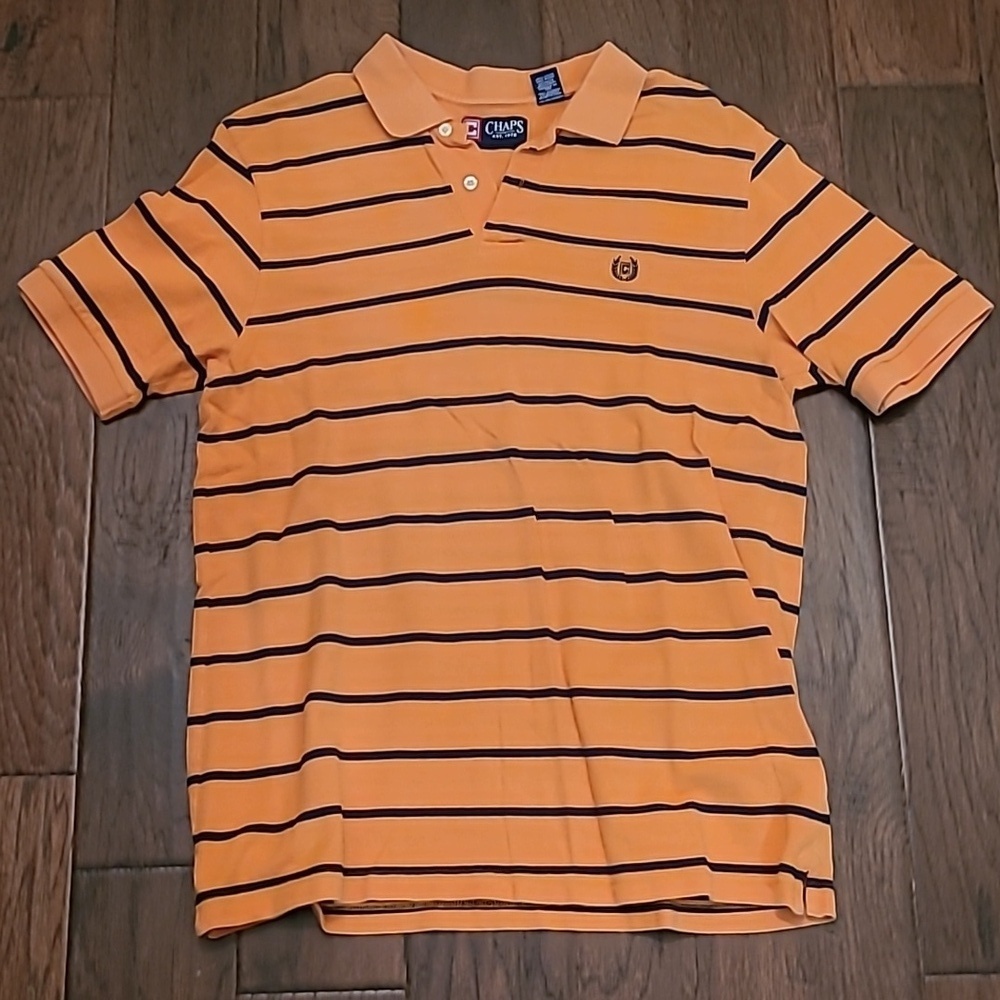💥3for$12💥 Chaps Orange & Navy Blue Striped Polo Style Shirt size Large.
